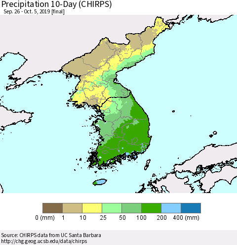 Korea Precipitation 10-Day (CHIRPS) Thematic Map For 9/26/2019 - 10/5/2019