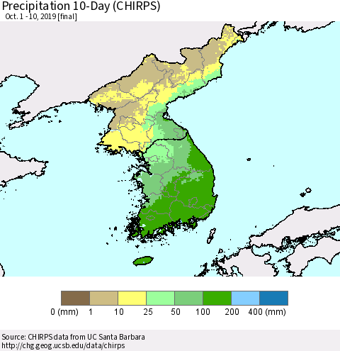 Korea Precipitation 10-Day (CHIRPS) Thematic Map For 10/1/2019 - 10/10/2019