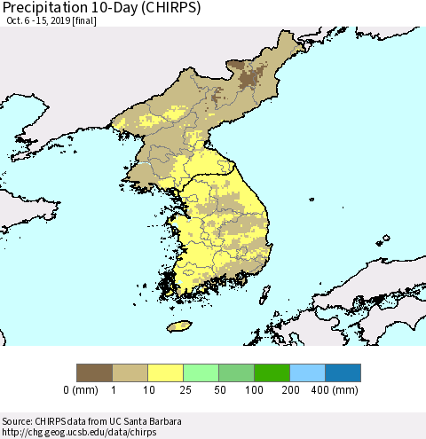 Korea Precipitation 10-Day (CHIRPS) Thematic Map For 10/6/2019 - 10/15/2019