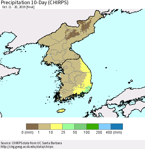 Korea Precipitation 10-Day (CHIRPS) Thematic Map For 10/11/2019 - 10/20/2019