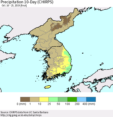 Korea Precipitation 10-Day (CHIRPS) Thematic Map For 10/16/2019 - 10/25/2019