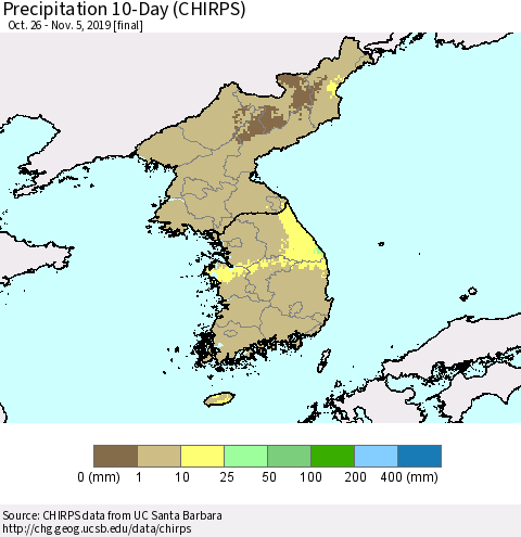 Korea Precipitation 10-Day (CHIRPS) Thematic Map For 10/26/2019 - 11/5/2019