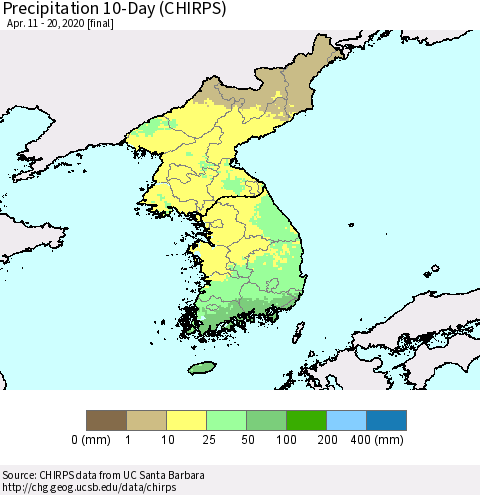 Korea Precipitation 10-Day (CHIRPS) Thematic Map For 4/11/2020 - 4/20/2020