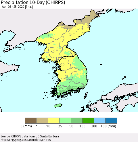Korea Precipitation 10-Day (CHIRPS) Thematic Map For 4/16/2020 - 4/25/2020
