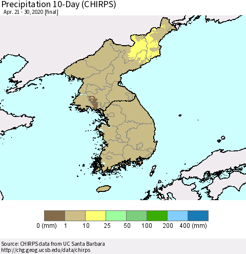 Korea Precipitation 10-Day (CHIRPS) Thematic Map For 4/21/2020 - 4/30/2020