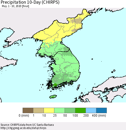 Korea Precipitation 10-Day (CHIRPS) Thematic Map For 5/1/2020 - 5/10/2020