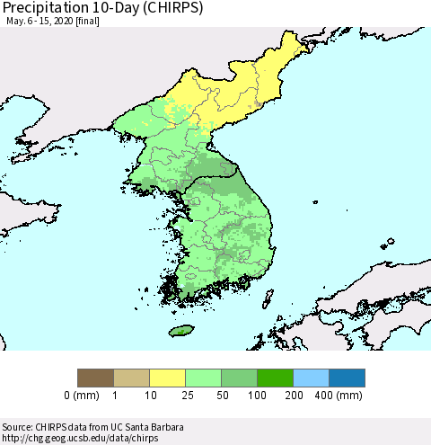 Korea Precipitation 10-Day (CHIRPS) Thematic Map For 5/6/2020 - 5/15/2020