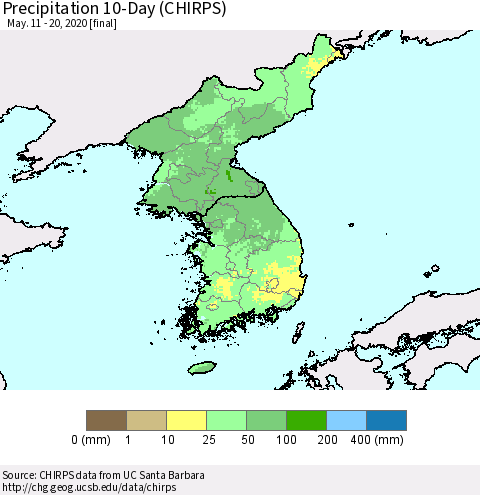 Korea Precipitation 10-Day (CHIRPS) Thematic Map For 5/11/2020 - 5/20/2020
