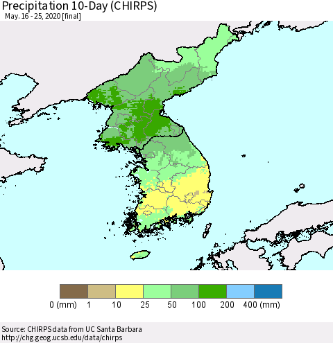 Korea Precipitation 10-Day (CHIRPS) Thematic Map For 5/16/2020 - 5/25/2020