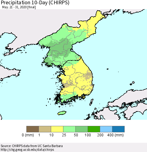Korea Precipitation 10-Day (CHIRPS) Thematic Map For 5/21/2020 - 5/31/2020
