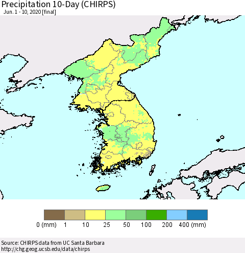 Korea Precipitation 10-Day (CHIRPS) Thematic Map For 6/1/2020 - 6/10/2020
