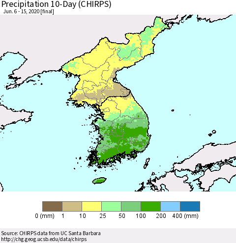 Korea Precipitation 10-Day (CHIRPS) Thematic Map For 6/6/2020 - 6/15/2020