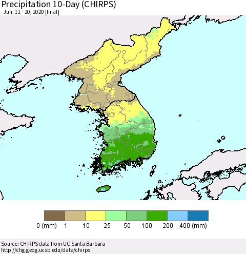 Korea Precipitation 10-Day (CHIRPS) Thematic Map For 6/11/2020 - 6/20/2020