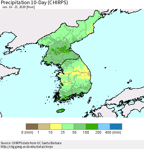Korea Precipitation 10-Day (CHIRPS) Thematic Map For 6/16/2020 - 6/25/2020