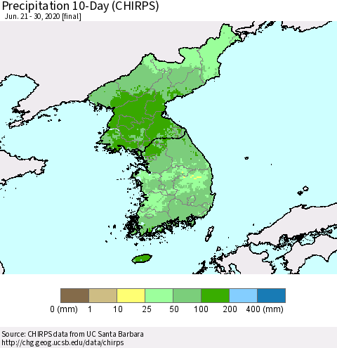 Korea Precipitation 10-Day (CHIRPS) Thematic Map For 6/21/2020 - 6/30/2020