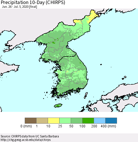 Korea Precipitation 10-Day (CHIRPS) Thematic Map For 6/26/2020 - 7/5/2020