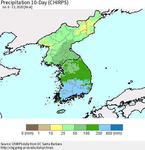 Korea Precipitation 10-Day (CHIRPS) Thematic Map For 7/6/2020 - 7/15/2020
