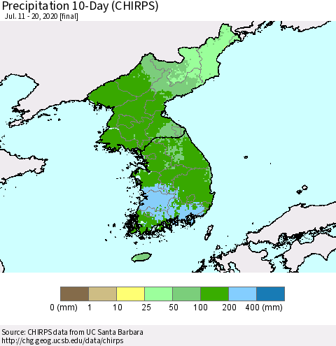 Korea Precipitation 10-Day (CHIRPS) Thematic Map For 7/11/2020 - 7/20/2020