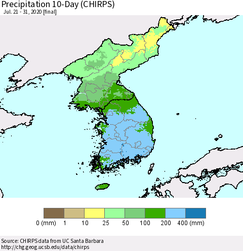 Korea Precipitation 10-Day (CHIRPS) Thematic Map For 7/21/2020 - 7/31/2020
