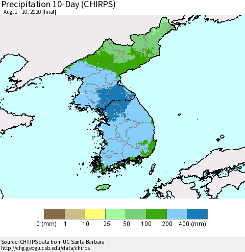 Korea Precipitation 10-Day (CHIRPS) Thematic Map For 8/1/2020 - 8/10/2020