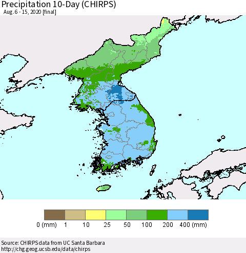Korea Precipitation 10-Day (CHIRPS) Thematic Map For 8/6/2020 - 8/15/2020