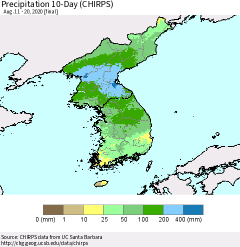 Korea Precipitation 10-Day (CHIRPS) Thematic Map For 8/11/2020 - 8/20/2020