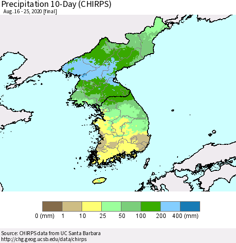 Korea Precipitation 10-Day (CHIRPS) Thematic Map For 8/16/2020 - 8/25/2020