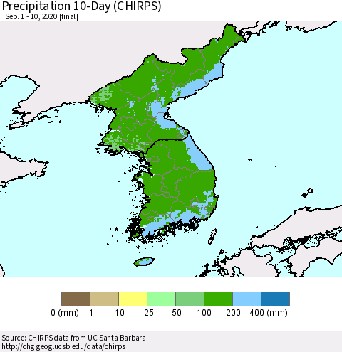 Korea Precipitation 10-Day (CHIRPS) Thematic Map For 9/1/2020 - 9/10/2020