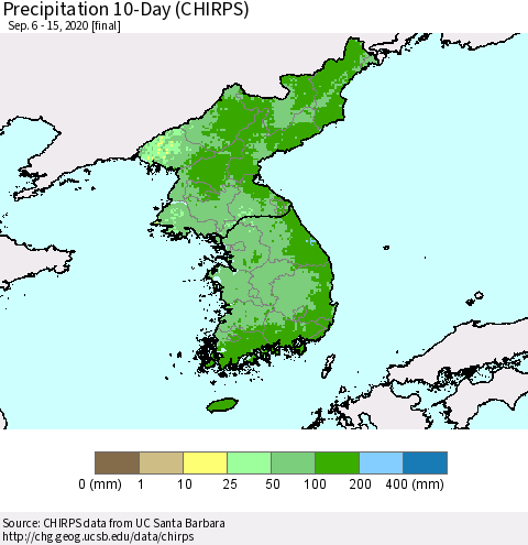 Korea Precipitation 10-Day (CHIRPS) Thematic Map For 9/6/2020 - 9/15/2020