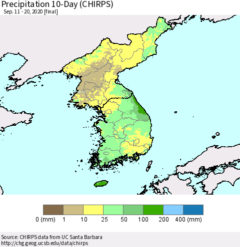 Korea Precipitation 10-Day (CHIRPS) Thematic Map For 9/11/2020 - 9/20/2020