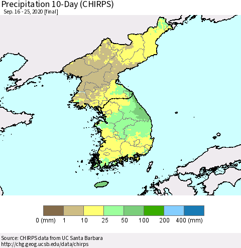 Korea Precipitation 10-Day (CHIRPS) Thematic Map For 9/16/2020 - 9/25/2020