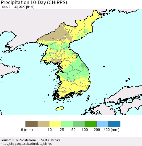 Korea Precipitation 10-Day (CHIRPS) Thematic Map For 9/21/2020 - 9/30/2020