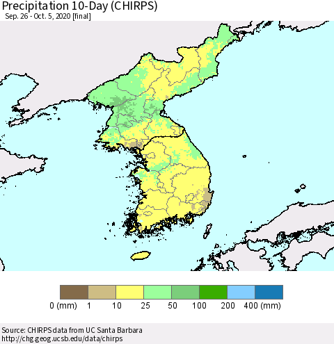 Korea Precipitation 10-Day (CHIRPS) Thematic Map For 9/26/2020 - 10/5/2020