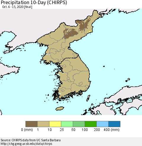 Korea Precipitation 10-Day (CHIRPS) Thematic Map For 10/6/2020 - 10/15/2020