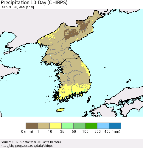 Korea Precipitation 10-Day (CHIRPS) Thematic Map For 10/21/2020 - 10/31/2020