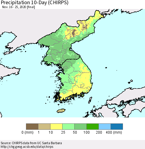 Korea Precipitation 10-Day (CHIRPS) Thematic Map For 11/16/2020 - 11/25/2020