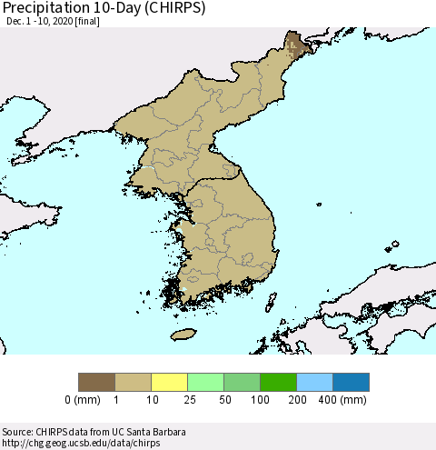 Korea Precipitation 10-Day (CHIRPS) Thematic Map For 12/1/2020 - 12/10/2020