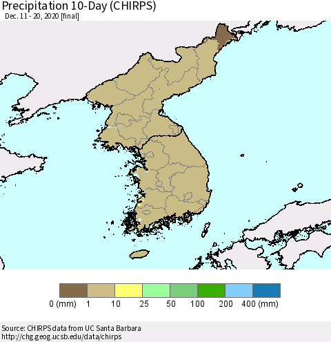 Korea Precipitation 10-Day (CHIRPS) Thematic Map For 12/11/2020 - 12/20/2020