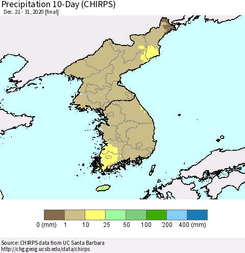 Korea Precipitation 10-Day (CHIRPS) Thematic Map For 12/21/2020 - 12/31/2020