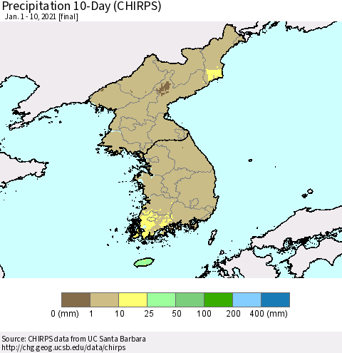 Korea Precipitation 10-Day (CHIRPS) Thematic Map For 1/1/2021 - 1/10/2021