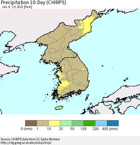 Korea Precipitation 10-Day (CHIRPS) Thematic Map For 1/6/2021 - 1/15/2021