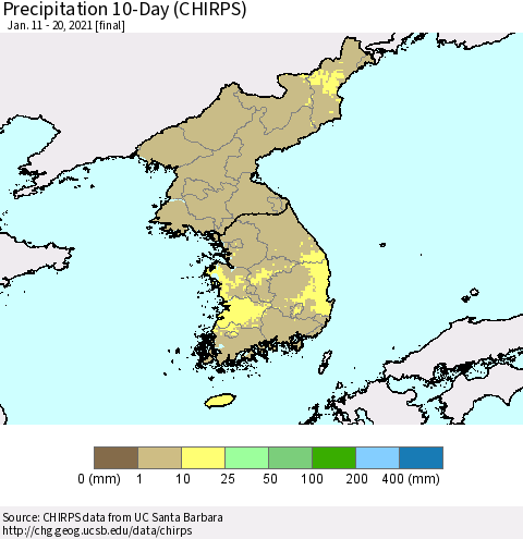 Korea Precipitation 10-Day (CHIRPS) Thematic Map For 1/11/2021 - 1/20/2021