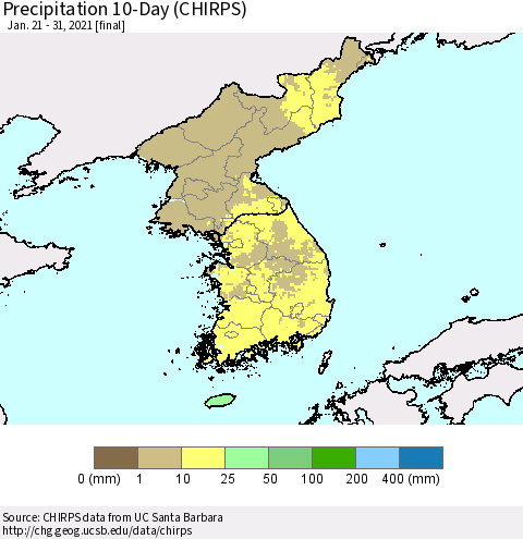 Korea Precipitation 10-Day (CHIRPS) Thematic Map For 1/21/2021 - 1/31/2021