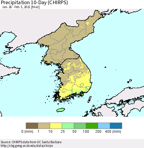 Korea Precipitation 10-Day (CHIRPS) Thematic Map For 1/26/2021 - 2/5/2021