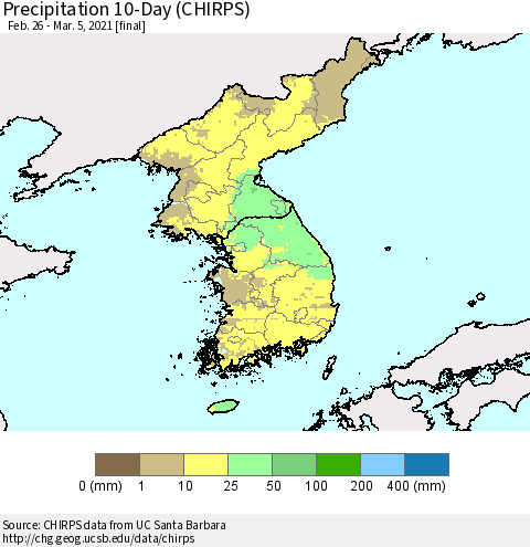 Korea Precipitation 10-Day (CHIRPS) Thematic Map For 2/26/2021 - 3/5/2021