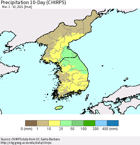 Korea Precipitation 10-Day (CHIRPS) Thematic Map For 3/1/2021 - 3/10/2021