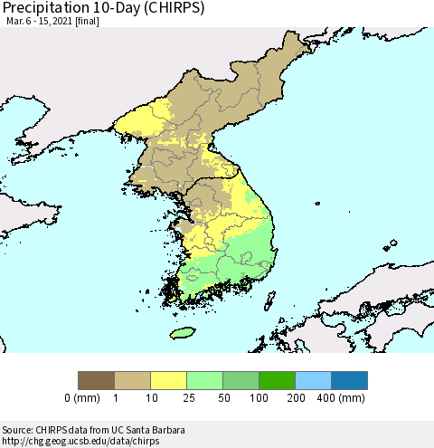 Korea Precipitation 10-Day (CHIRPS) Thematic Map For 3/6/2021 - 3/15/2021