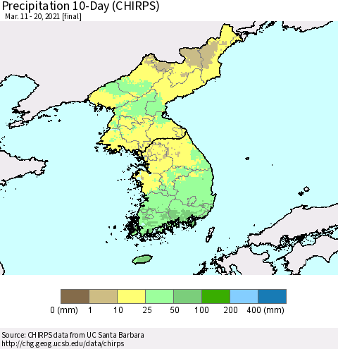 Korea Precipitation 10-Day (CHIRPS) Thematic Map For 3/11/2021 - 3/20/2021