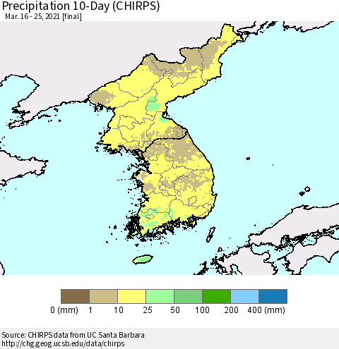 Korea Precipitation 10-Day (CHIRPS) Thematic Map For 3/16/2021 - 3/25/2021