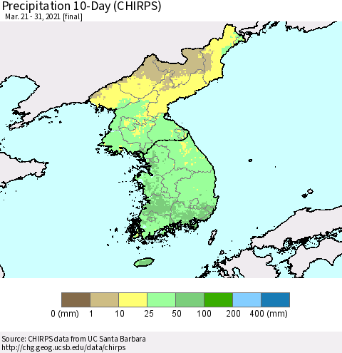 Korea Precipitation 10-Day (CHIRPS) Thematic Map For 3/21/2021 - 3/31/2021